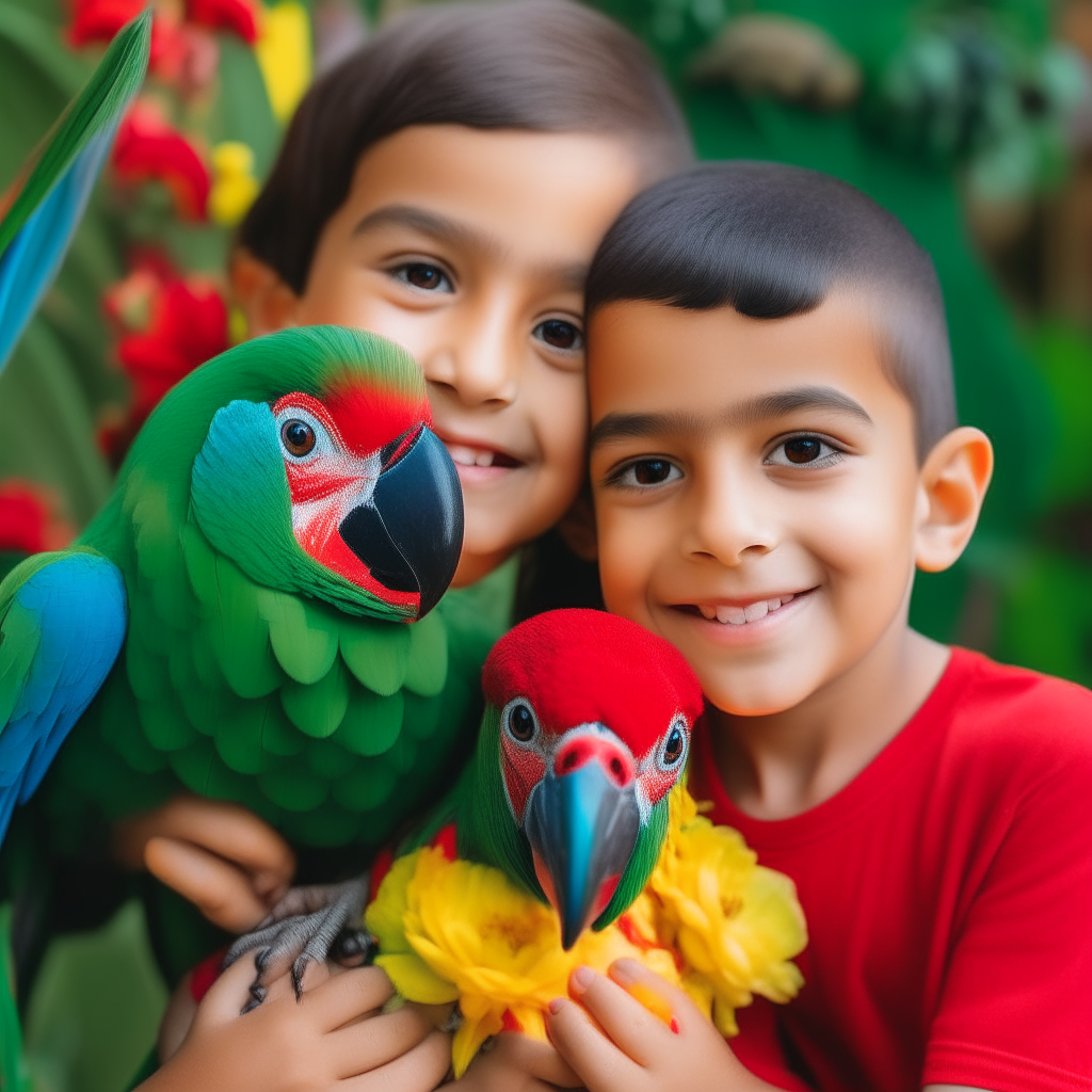 A vibrant photo of two smiling children with a green and red macaw perched on their shoulders in front of colorful flowers