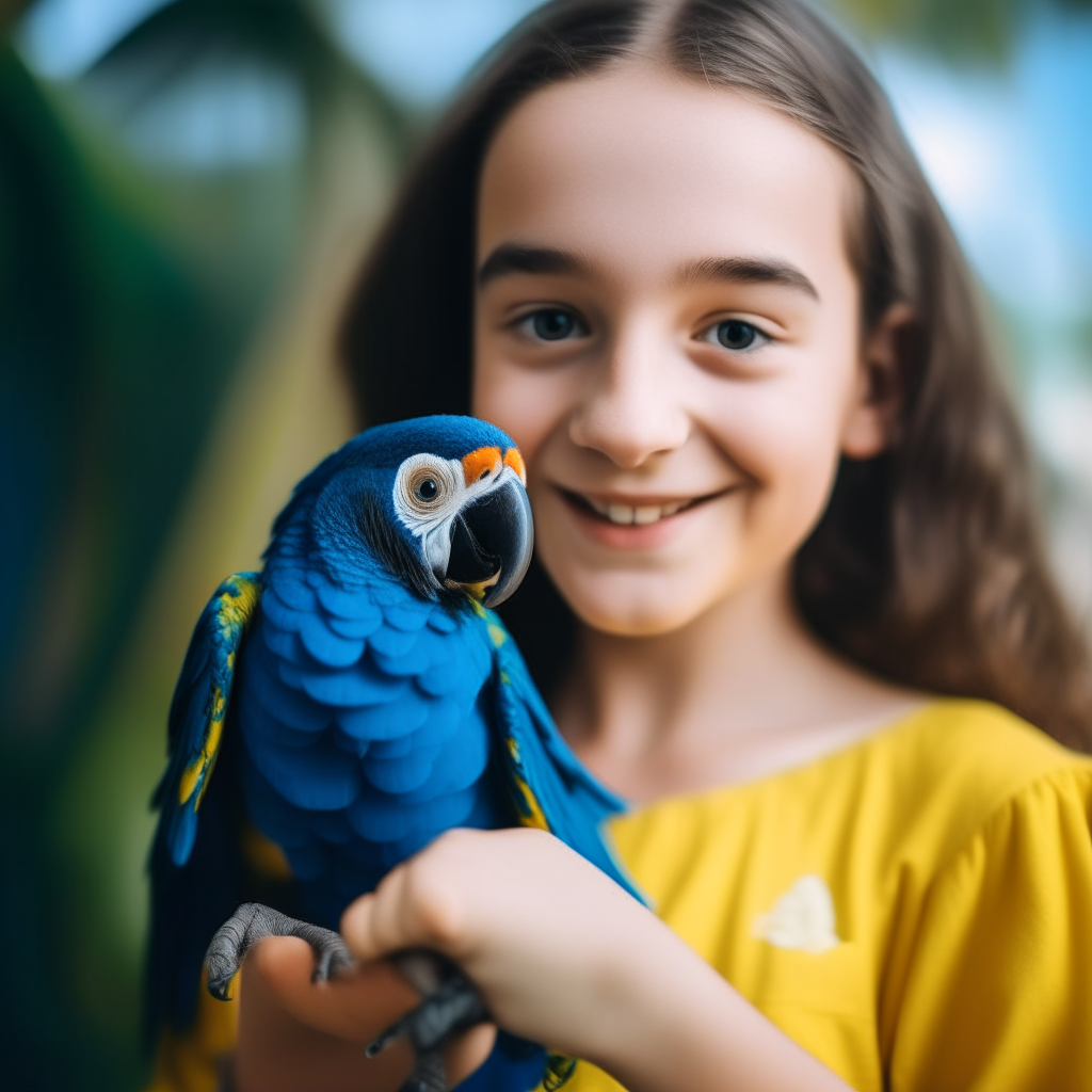 A cheerful photo of a young girl holding a blue and yellow macaw parrot on her arm against a bright tropical backdrop