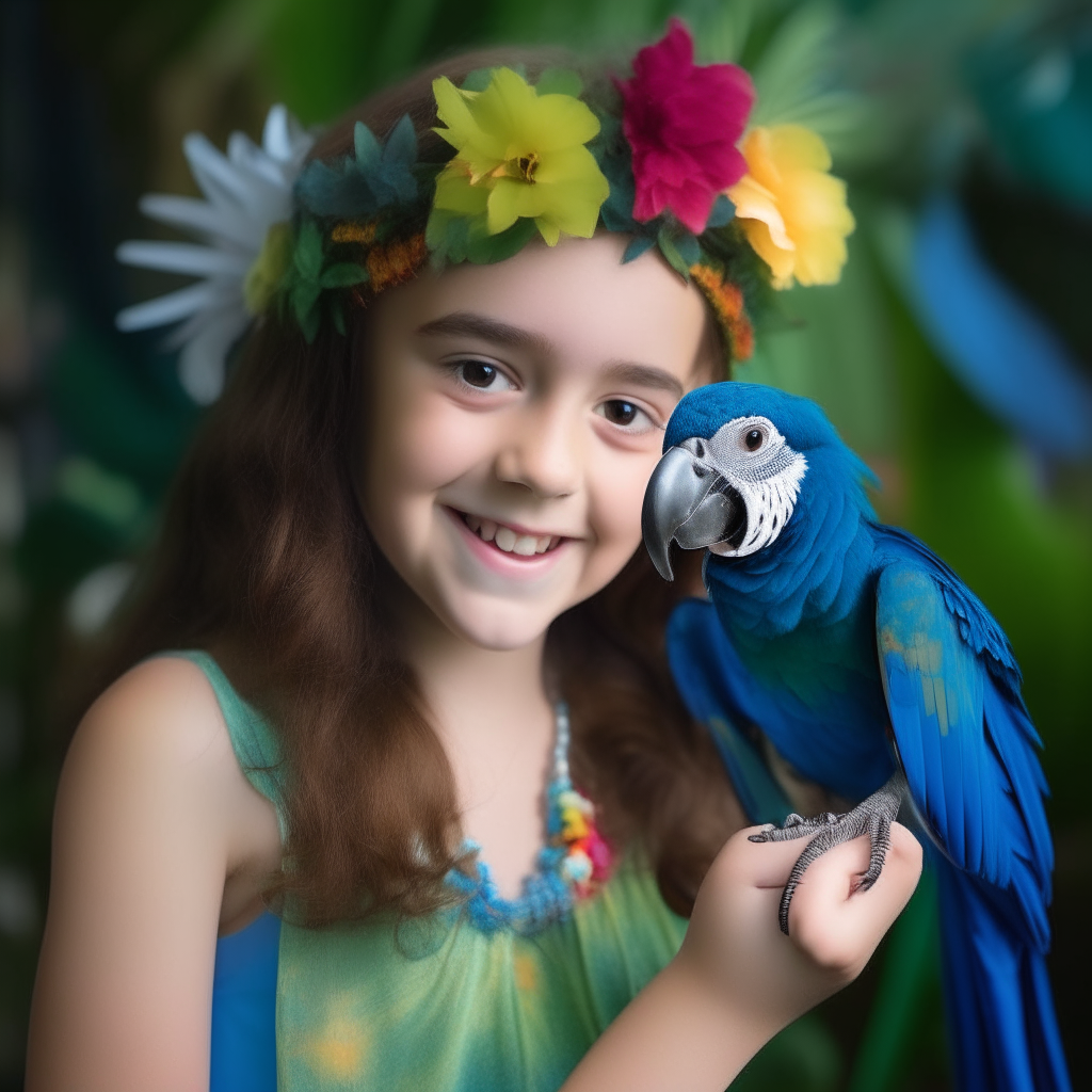 A young girl smiling and holding the hand of a brightly colored green and blue macaw parrot perched on her arm. The bird and girl have matching flower crowns and are surrounded by tropical plants and flowers.