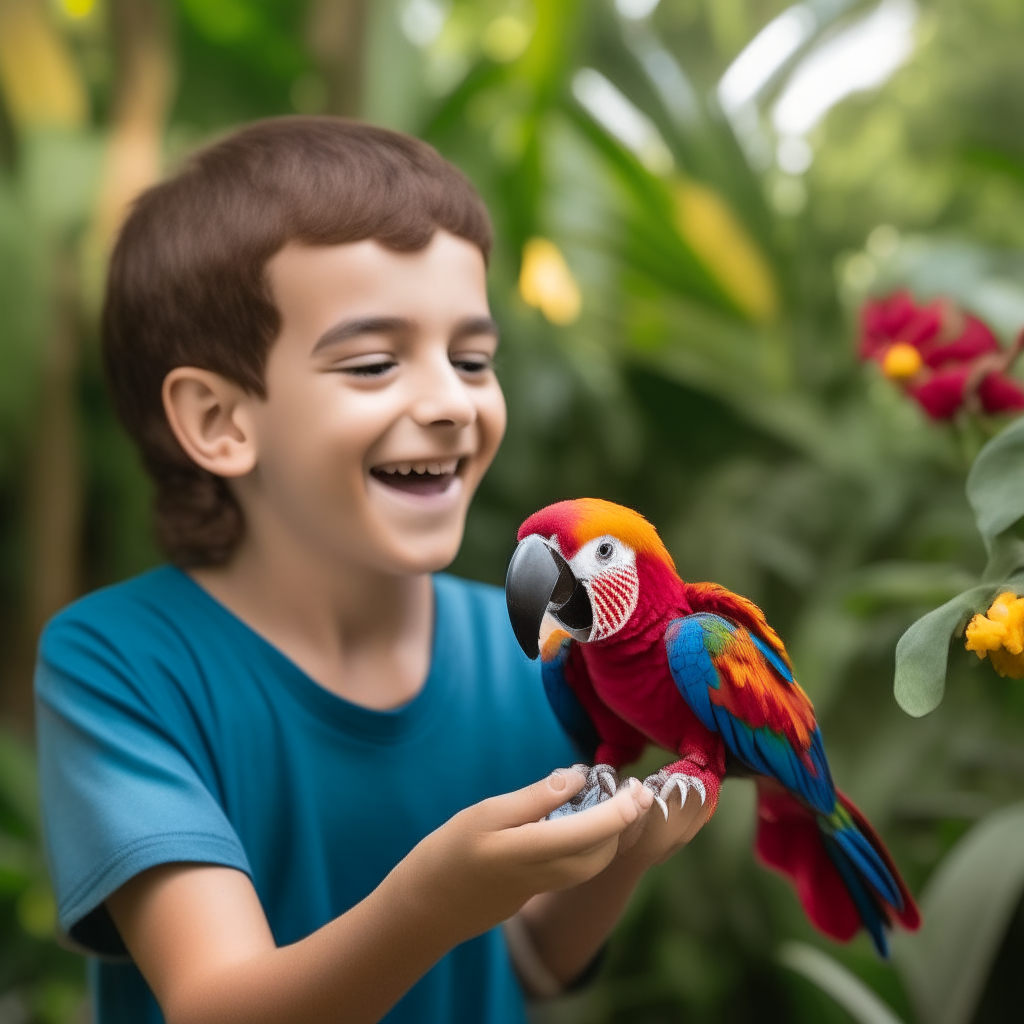 A smiling boy playing with a red and yellow macaw parrot in a garden. The boy throws a ball for the parrot to fetch as flowers bloom all around them.