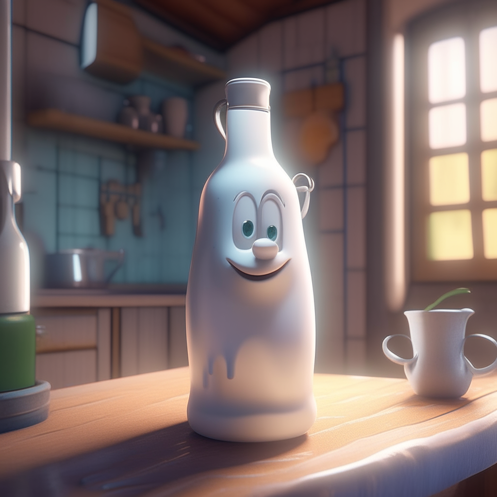 An cartoon animated milk bottle in a beautiful fantasy kitchen 