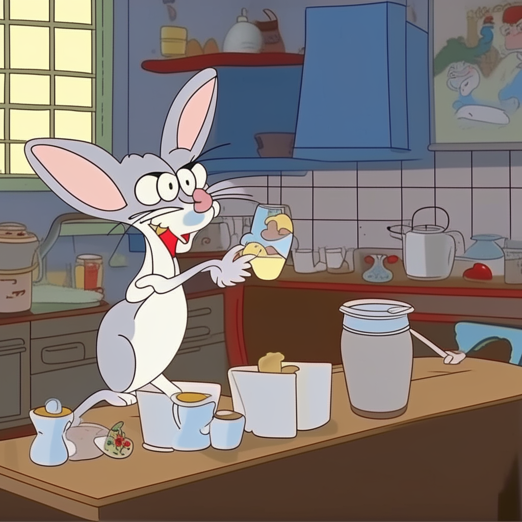 Tom and Jerry drinking milk in a beautiful kitchen