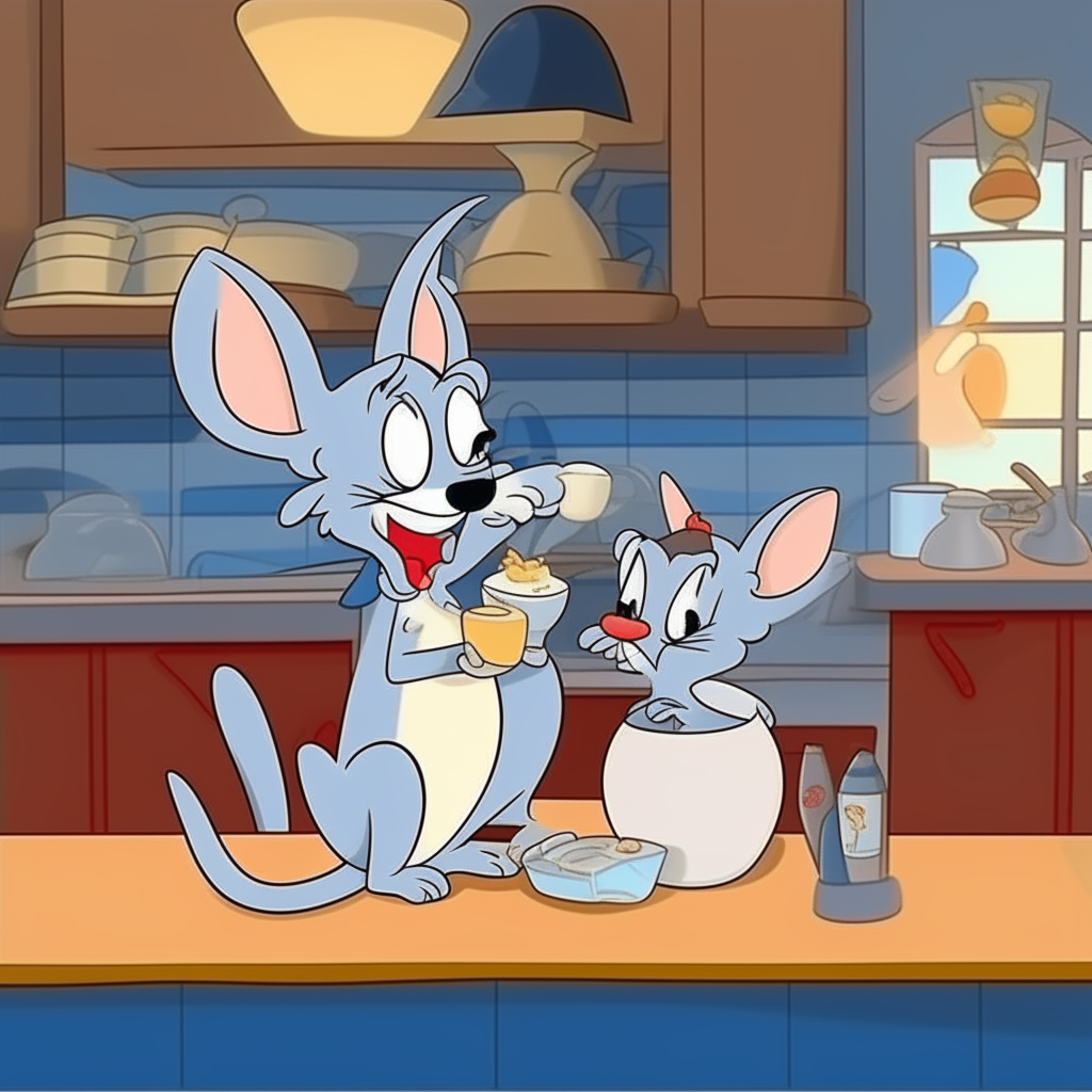 cartoon Tom and Jerry drinking milk in a beautiful kitchen