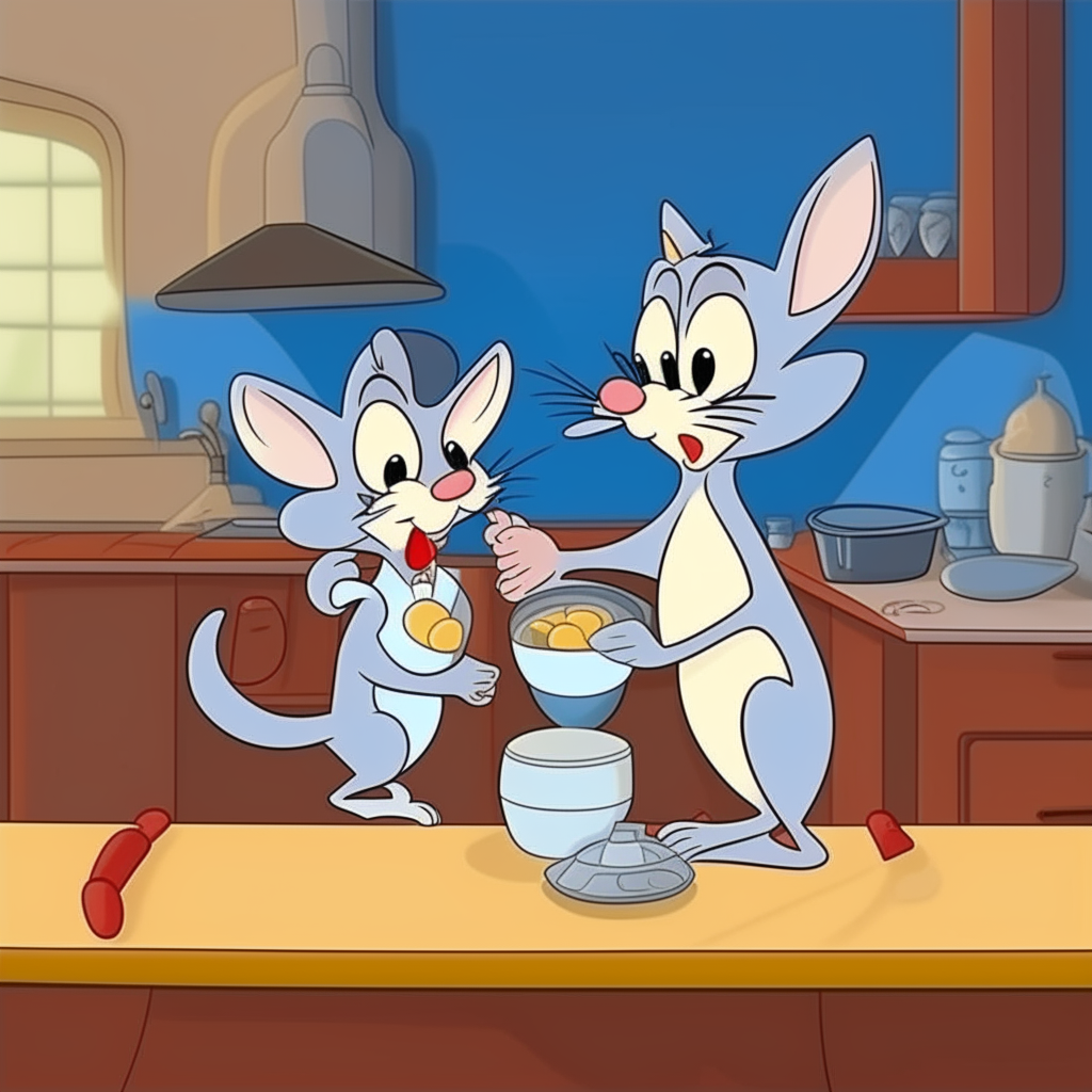 cartoon Tom and Jerry drinking milk in a beautiful kitchen