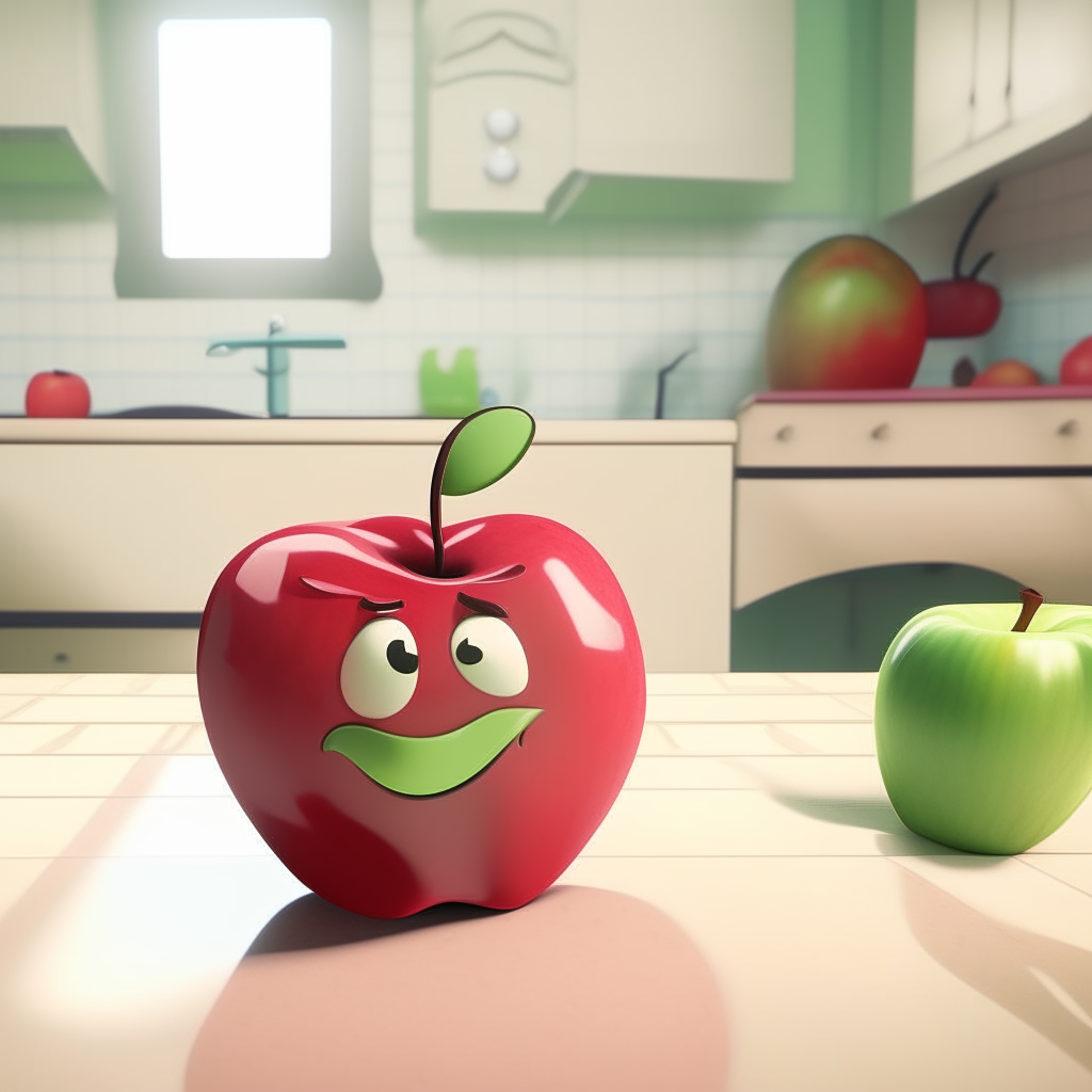 An cartoon apple on a beautiful kitchen counter