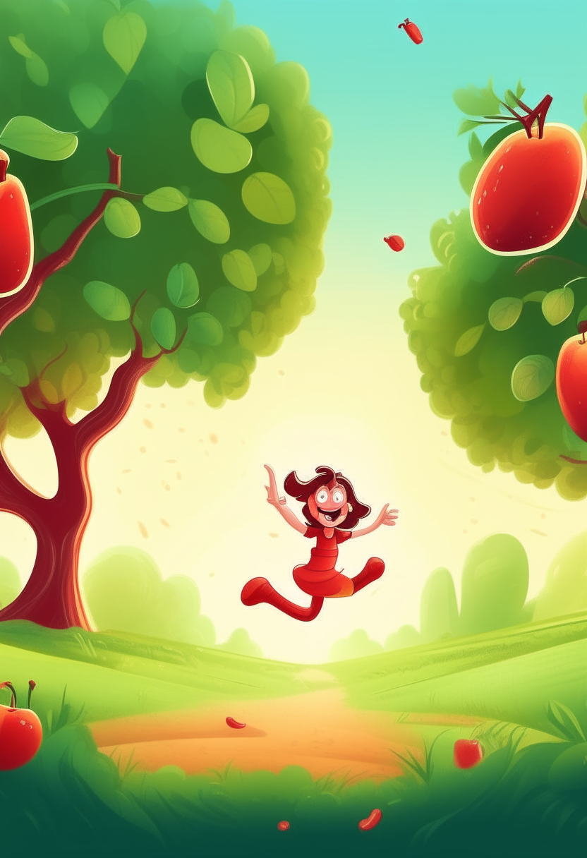 A cartoon apple jumping in a beautiful fantasy orchard