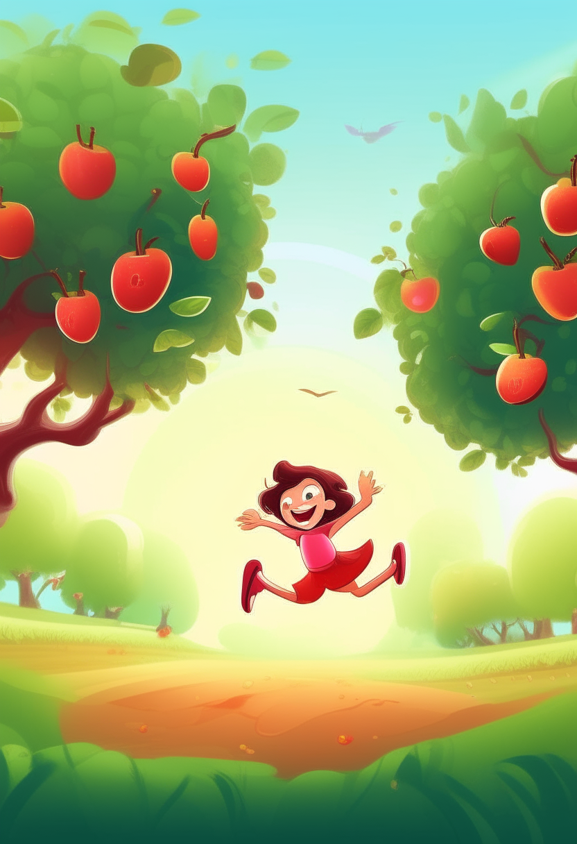 A cartoon apple jumping in a beautiful fantasy orchard