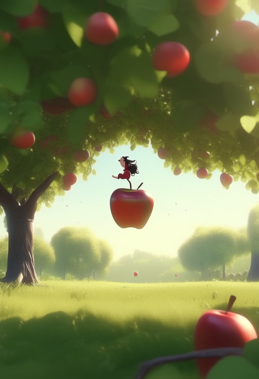 A animated apple jumping in a beautiful fantasy orchard