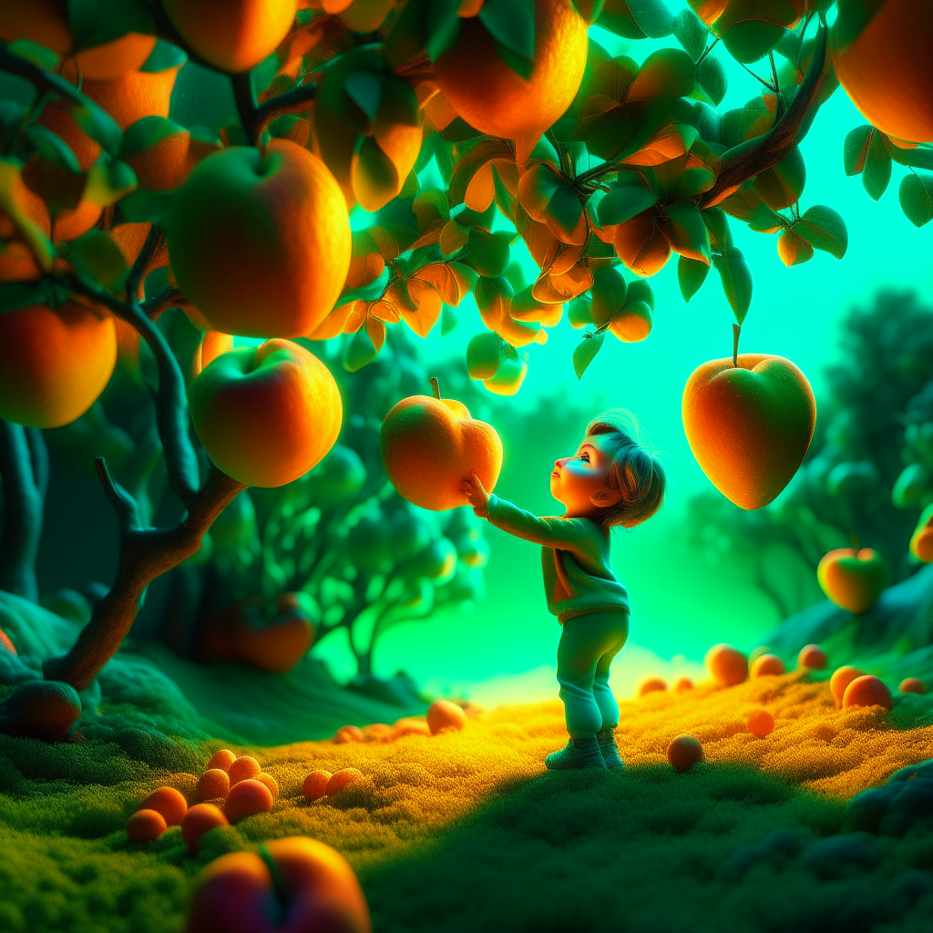 A Cartoon toddler standing near a cartoon apple jumping in a fantasy orchard