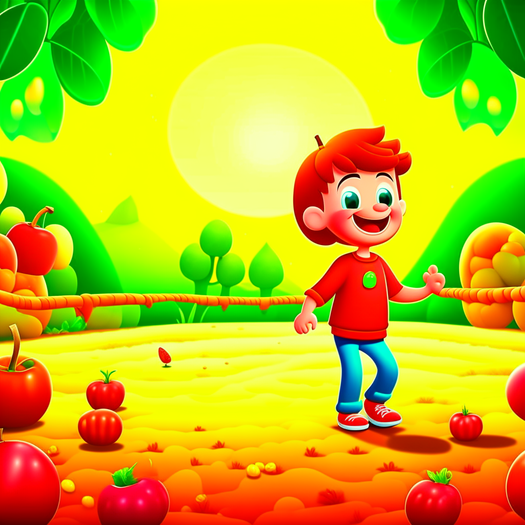 A Cartoon toddler standing near a cartoon apple jumping in a fantasy orchard