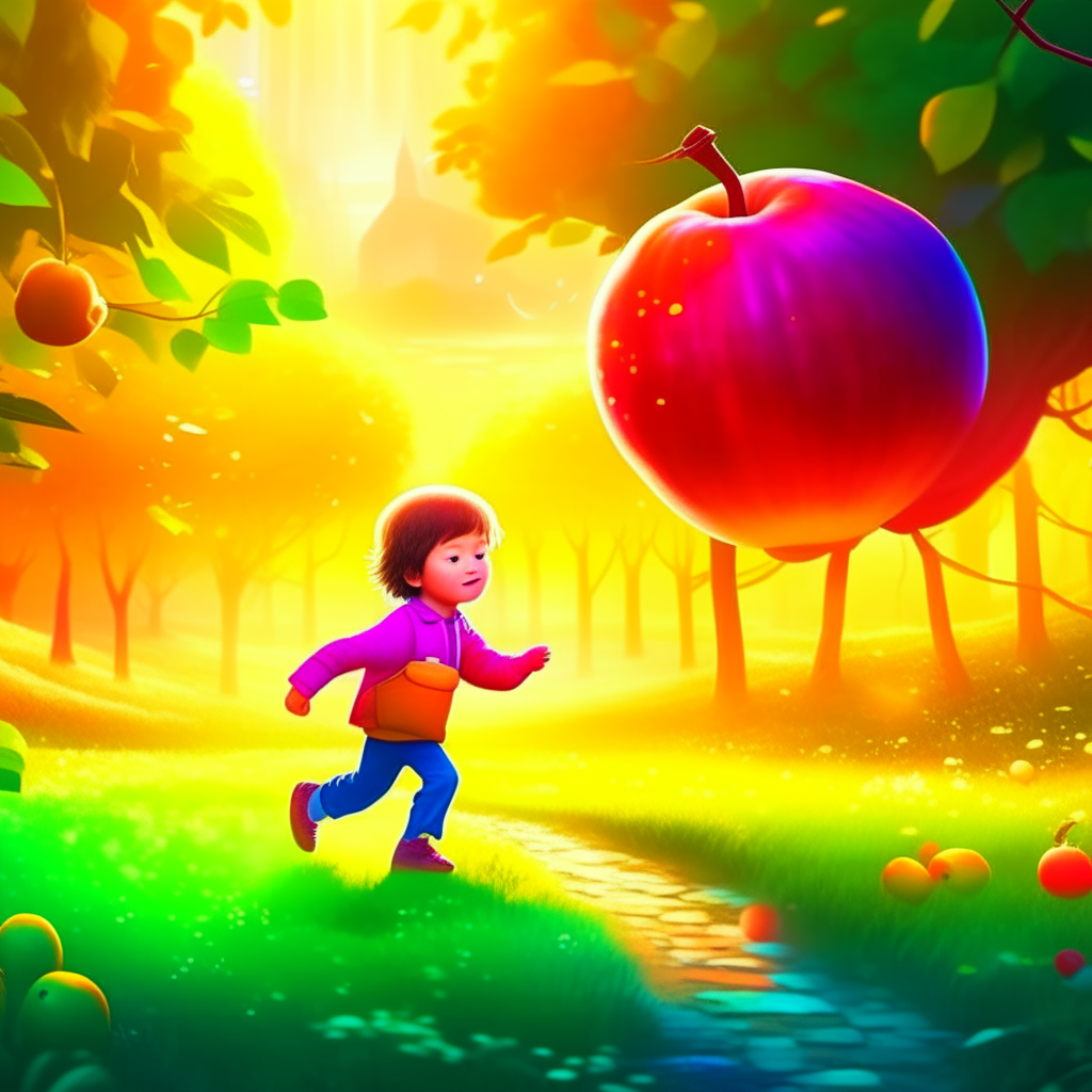 A Cartoon toddler standing near a cartoon apple jumping in a fantasy orchard