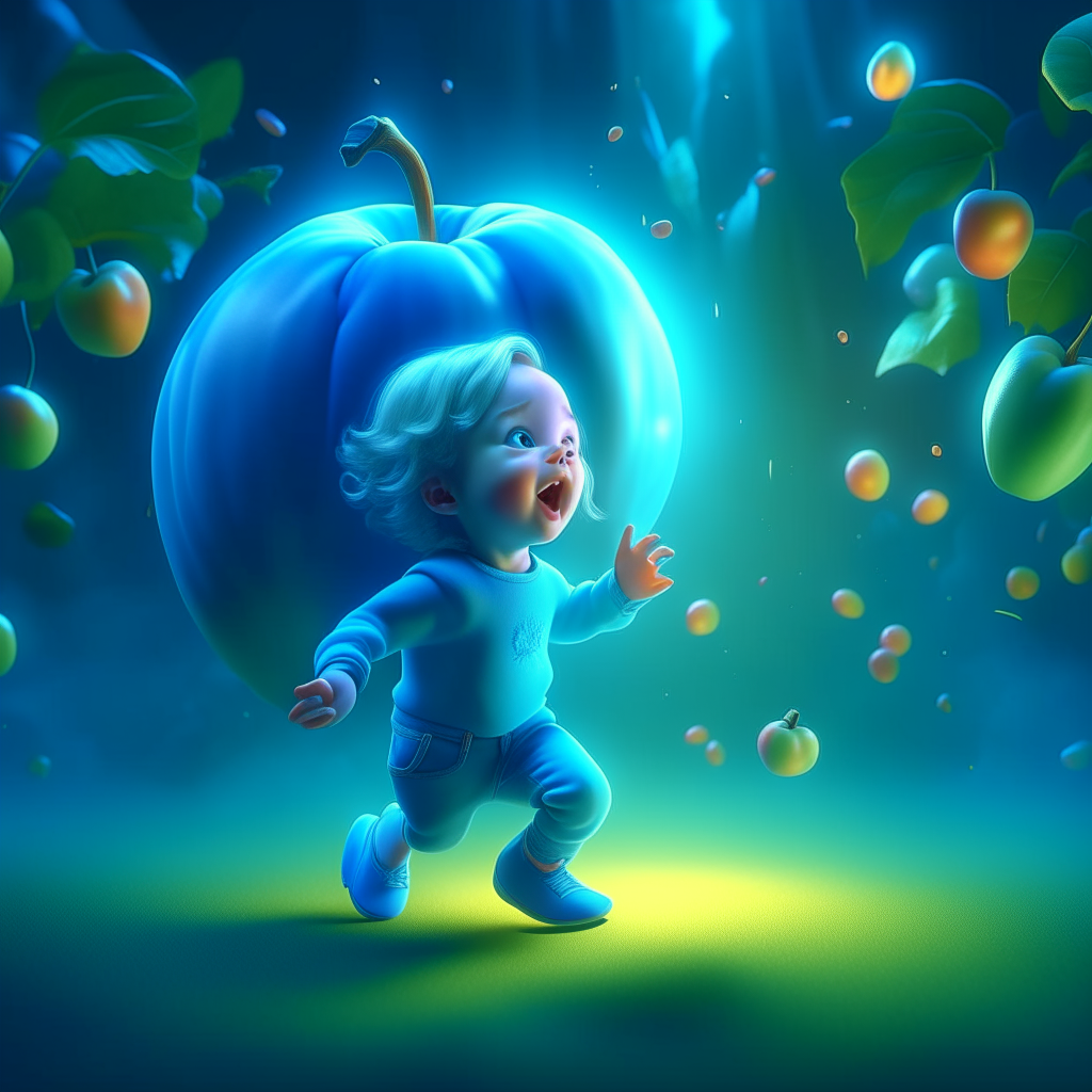 A Cartoon toddler standing near a cartoon apple jumping in a fantasy orchard