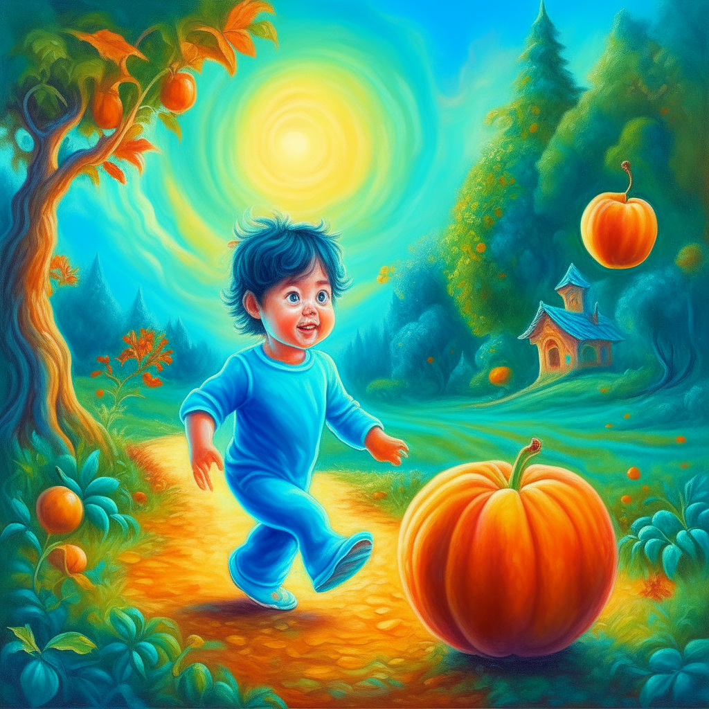 A Cartoon toddler standing near a cartoon apple jumping in a fantasy orchard
