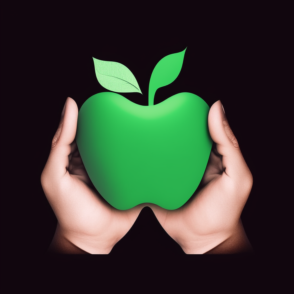 an apple logo with two hands holding an unbitten apple