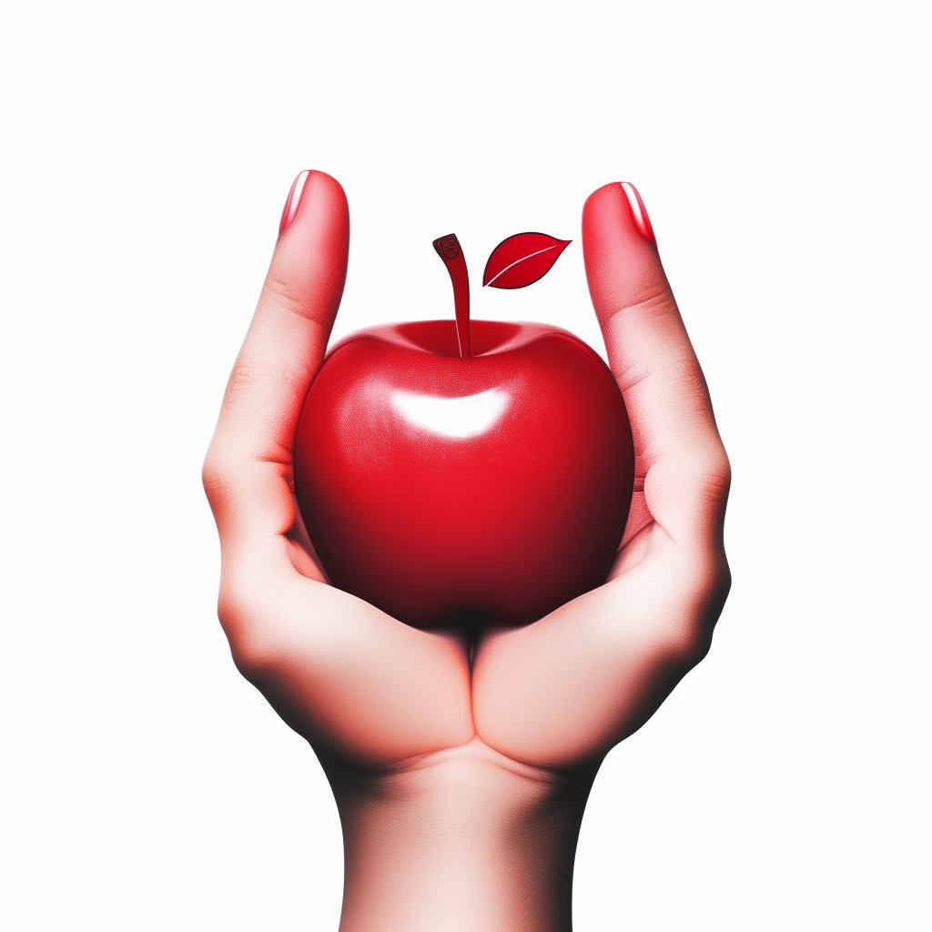 an apple logo with two hands holding an unbitten red apple on a white background