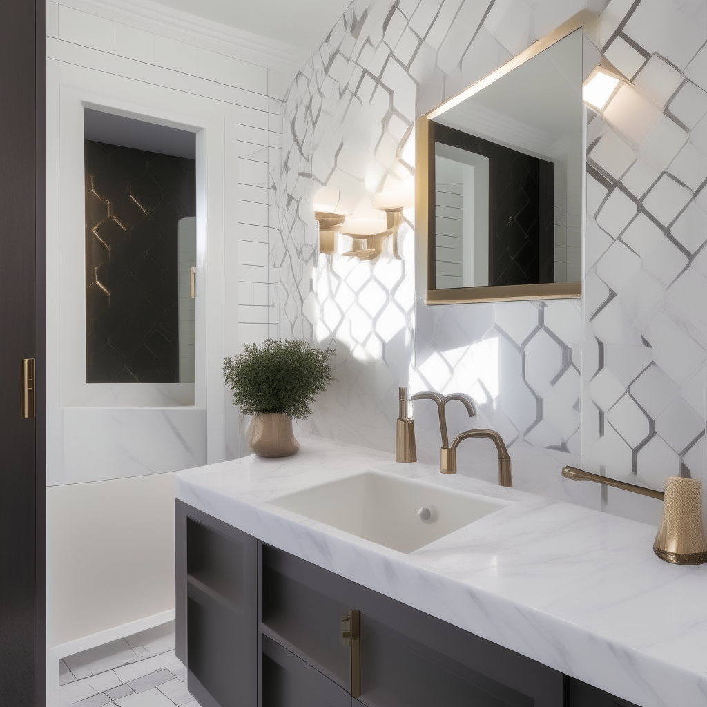 A modern bathroom featuring Calacatta Murano marble countertops and a custom tile backsplash in a geometric pattern