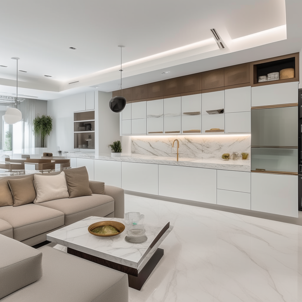 An open concept kitchen and living area with Calacatta Murano marble floors and built-in cabinetry along one wall