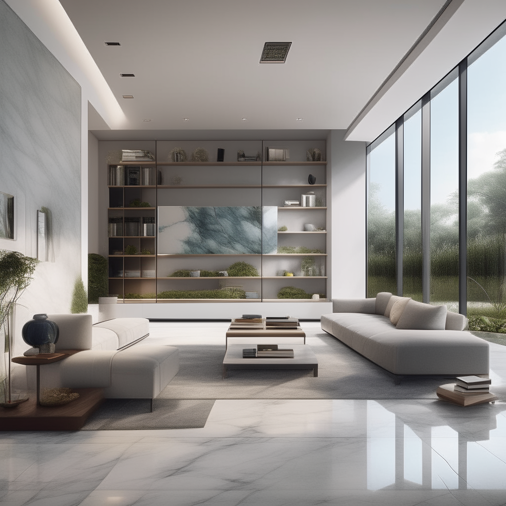 A modern living room featuring Calacatta Murano marble tiles and built-in shelving units along one wall. Large windows look out onto a landscaped backyard.