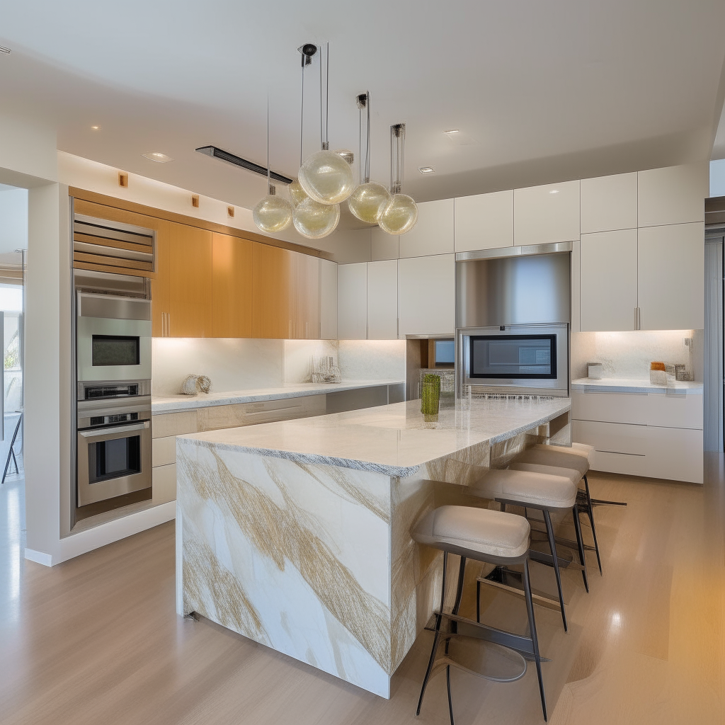 A Calacatta Murano marble topped kitchen island is the focal point of this open floor plan kitchen. Stainless steel appliances and light wood cabinetry complete the contemporary design.