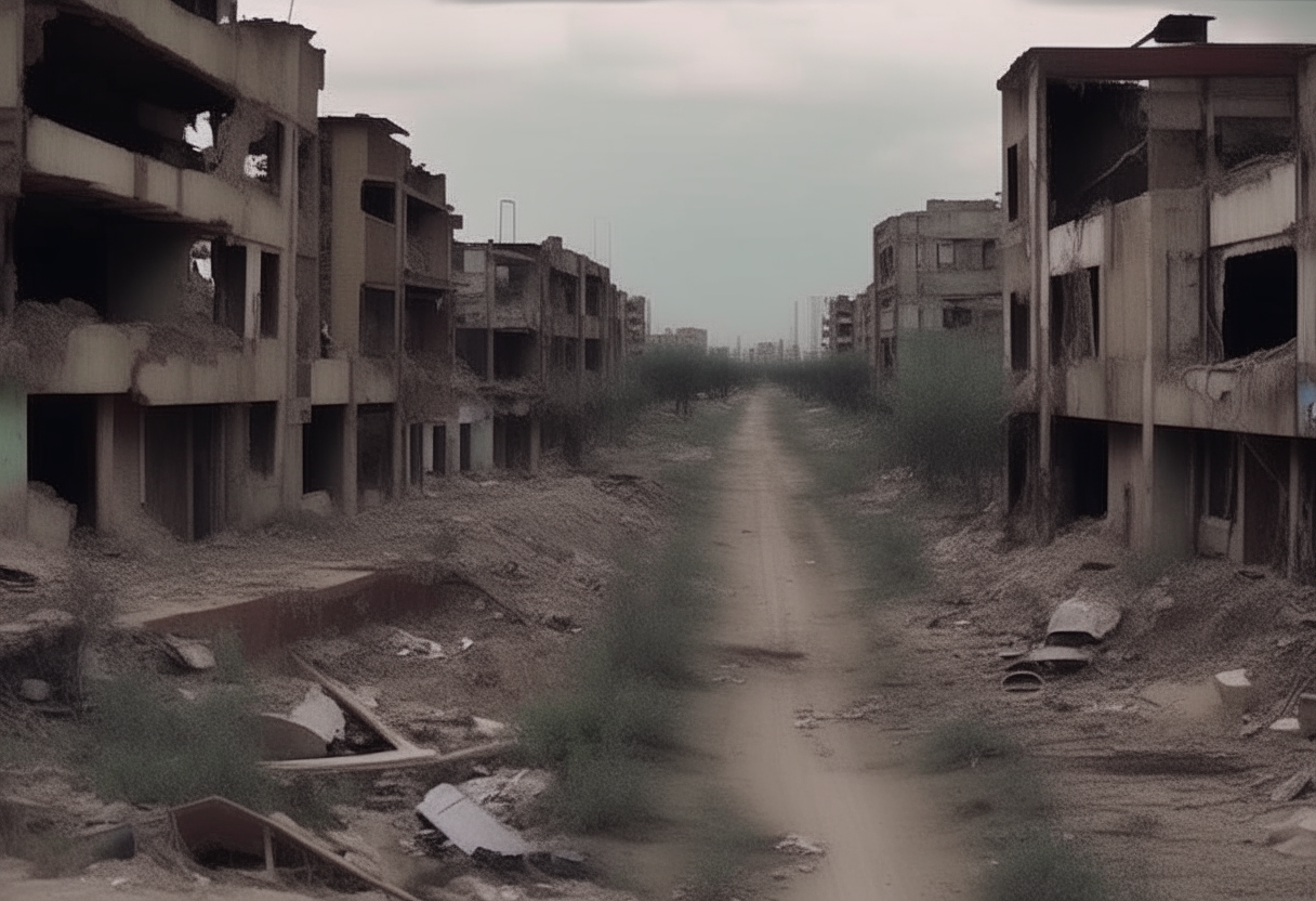 Genera un video que capture la desolación de una ciudad abandonada tras un cataclismo. En este paisaje desolado, las calles están salpicadas de escombros y recuerdos olvidados mientras la naturaleza reclama su territorio. Destaca la presencia de almas humanas errantes que deambulan entre los restos, reflejando una mezcla de nostalgia, determinación y resignación en sus expresiones. Utiliza una paleta de colores sombríos para transmitir la atmósfera melancólica del entorno, y acompaña con una música evocadora que sugiera una esperanza frágil en medio de la oscuridad. Enfoca la narrativa en la experiencia emocional de estas figuras solitarias mientras enfrentan la realidad de un mundo desgarrado por la tragedia y la desesperación, buscando una razón para seguir adelante en este paisaje postapocalíptico