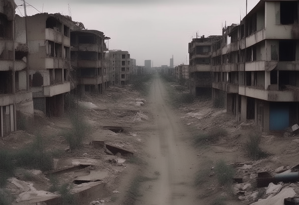 Genera un video que capture la desolación de una ciudad abandonada tras un cataclismo. En este paisaje desolado, las calles están salpicadas de escombros y recuerdos olvidados mientras la naturaleza reclama su territorio. Destaca la presencia de almas humanas errantes que deambulan entre los restos, reflejando una mezcla de nostalgia, determinación y resignación en sus expresiones. Utiliza una paleta de colores sombríos para transmitir la atmósfera melancólica del entorno, y acompaña con una música evocadora que sugiera una esperanza frágil en medio de la oscuridad. Enfoca la narrativa en la experiencia emocional de estas figuras solitarias mientras enfrentan la realidad de un mundo desgarrado por la tragedia y la desesperación, buscando una razón para seguir adelante en este paisaje postapocalíptico
