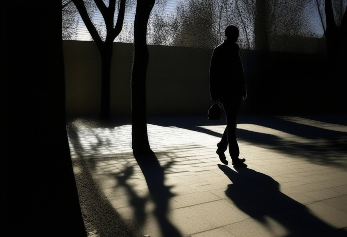 Crea un video que muestre una silueta humana caminando por un pasillo, a su al rededor hay sombras humanas, el ambiente que hay en la escena es sombrío