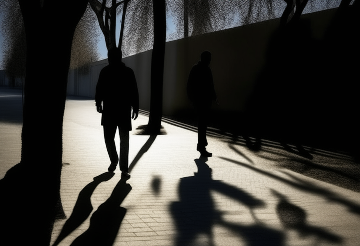 Crea un video que muestre una silueta humana caminando por un pasillo, a su al rededor hay sombras humanas, el ambiente que hay en la escena es sombrío