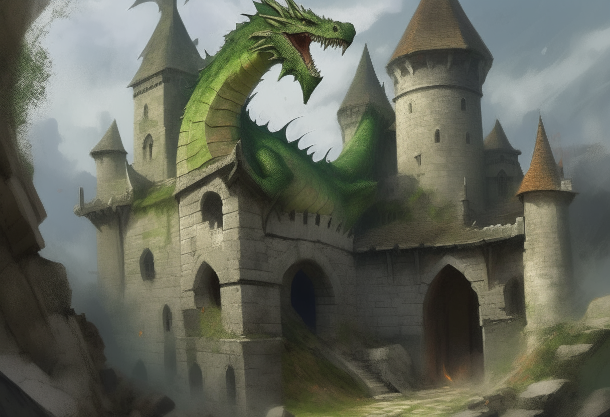 a detailed painting of a medieval stone castle crumbling to the ground with a large green dragon staring at the destruction