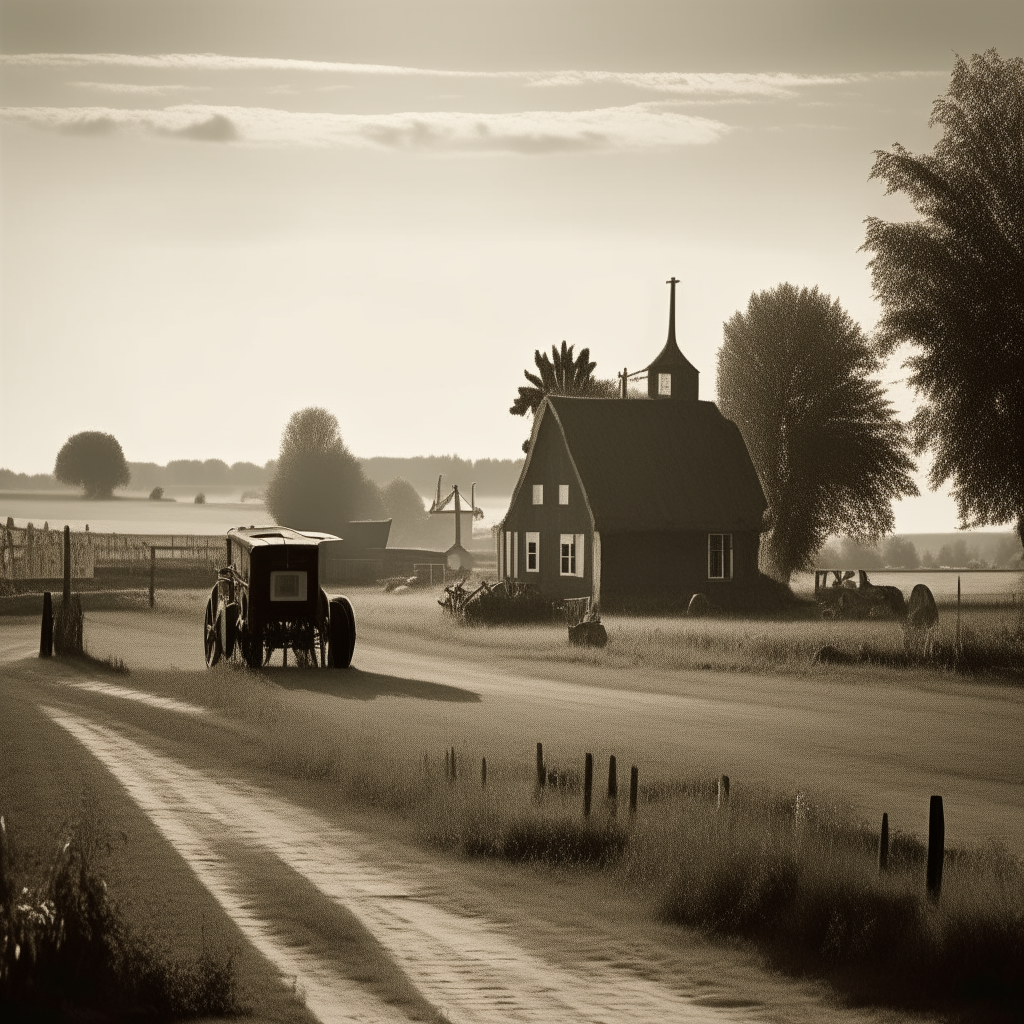 Black and white sepia toned photo of 19th century Danish farmhouses and fields with an old fashioned tractor and trees. In the distance is a Dutch windmill. Sun is shining. Old fashioned Danish peasant culture style. Film grain, Fujifilm XT3 quality, 8K UHD resolution, cinematic lighting