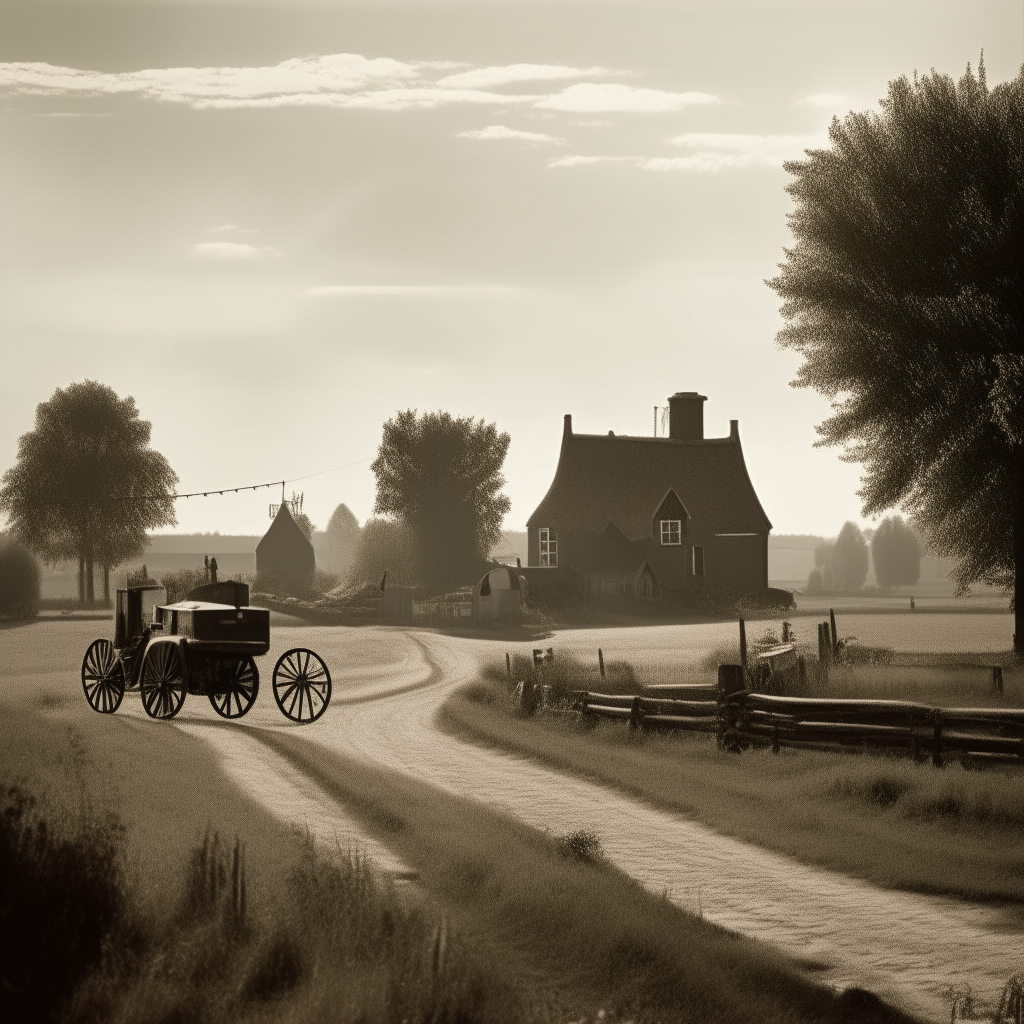 Black and white sepia toned photo of 19th century Danish farmhouses and fields with an old fashioned tractor and trees. In the distance is a Dutch windmill. Sun is shining. Old fashioned Danish peasant culture style. Film grain, Fujifilm XT3 quality, 8K UHD resolution, cinematic lighting