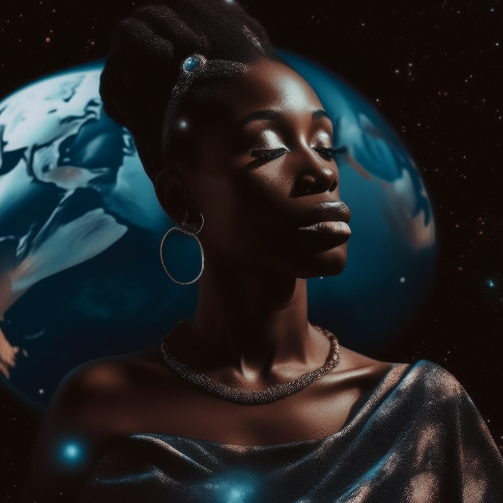 Majestic black female god looking at earth while in a galaxy