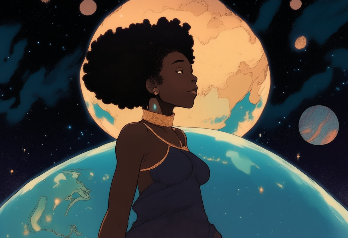 Majestic black female god looking at earth while in a galaxy in a studio ghibli and anime style