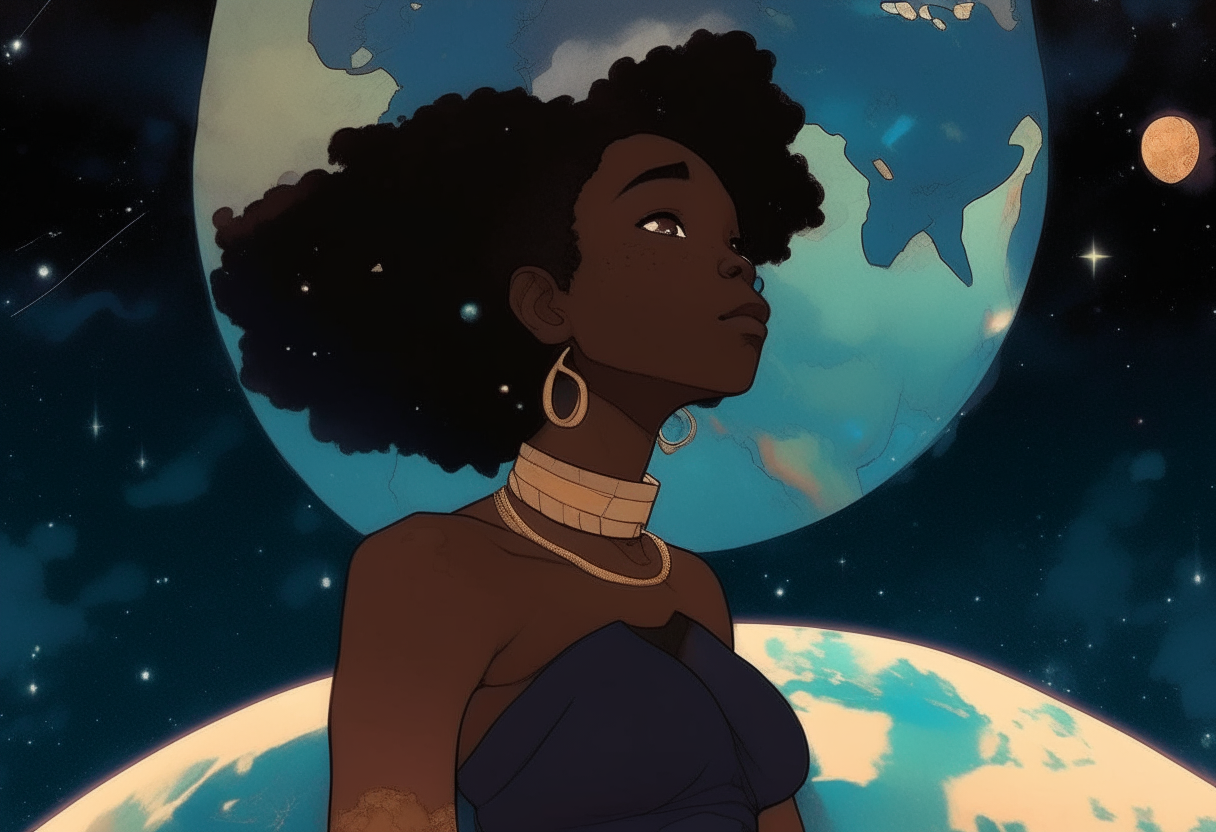 Majestic black female god looking at earth while in a galaxy in a studio ghibli and anime style