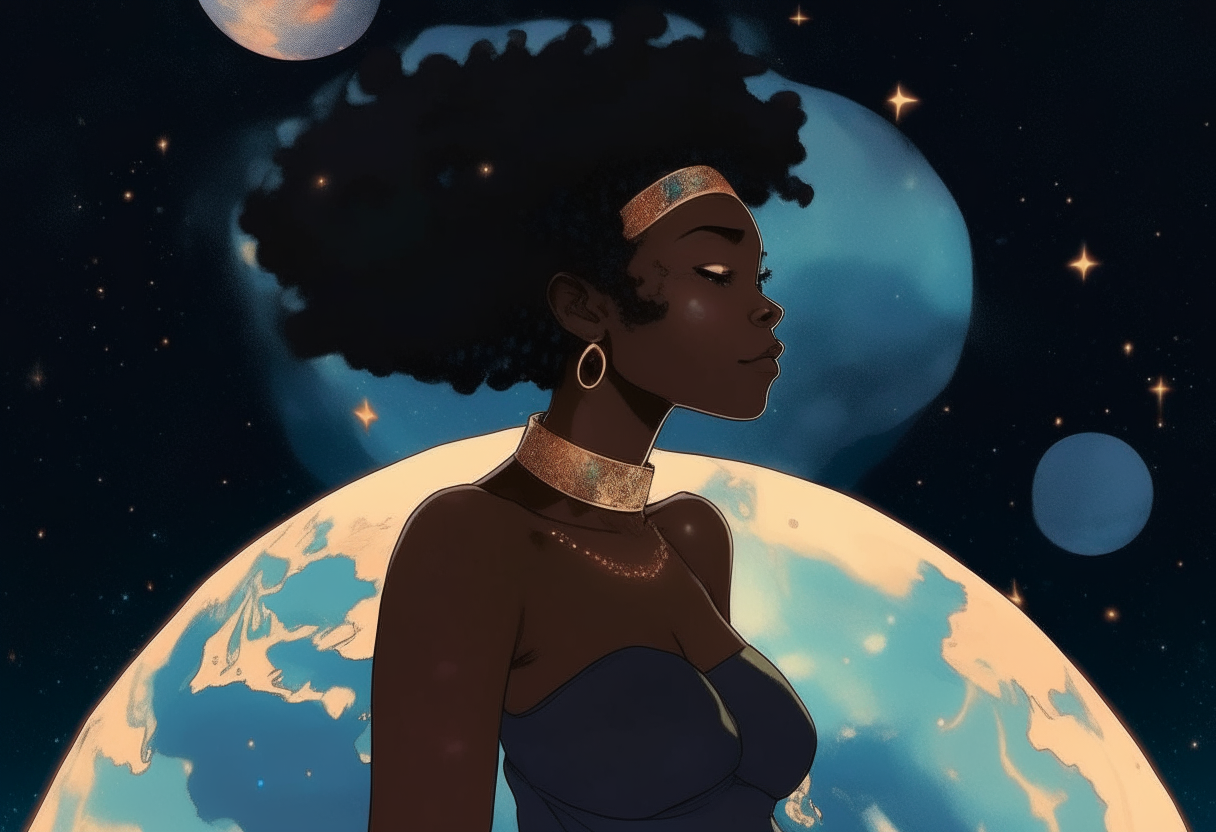 Majestic black female god looking at earth while in a galaxy in a studio ghibli and anime style