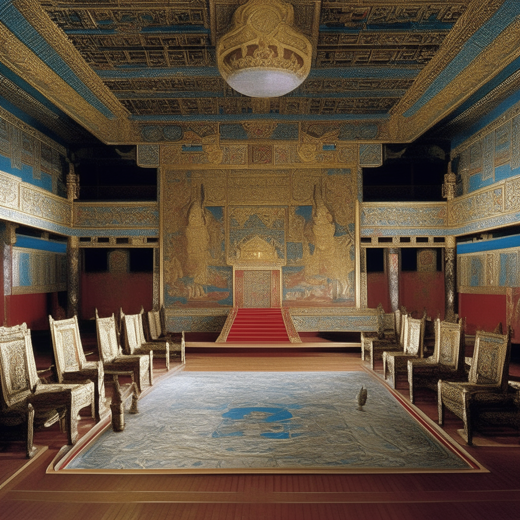 The grand hall of Genghis Khan's court, adorned with rich tapestries and ornate furnishings. Genghis Khan sits upon a gilded throne, flanked by his trusted advisors. His daughters stand nearby, radiating power and authority. The air is thick with tension as Genghis Khan prepares to negotiate a marriage alliance with a foreign king.