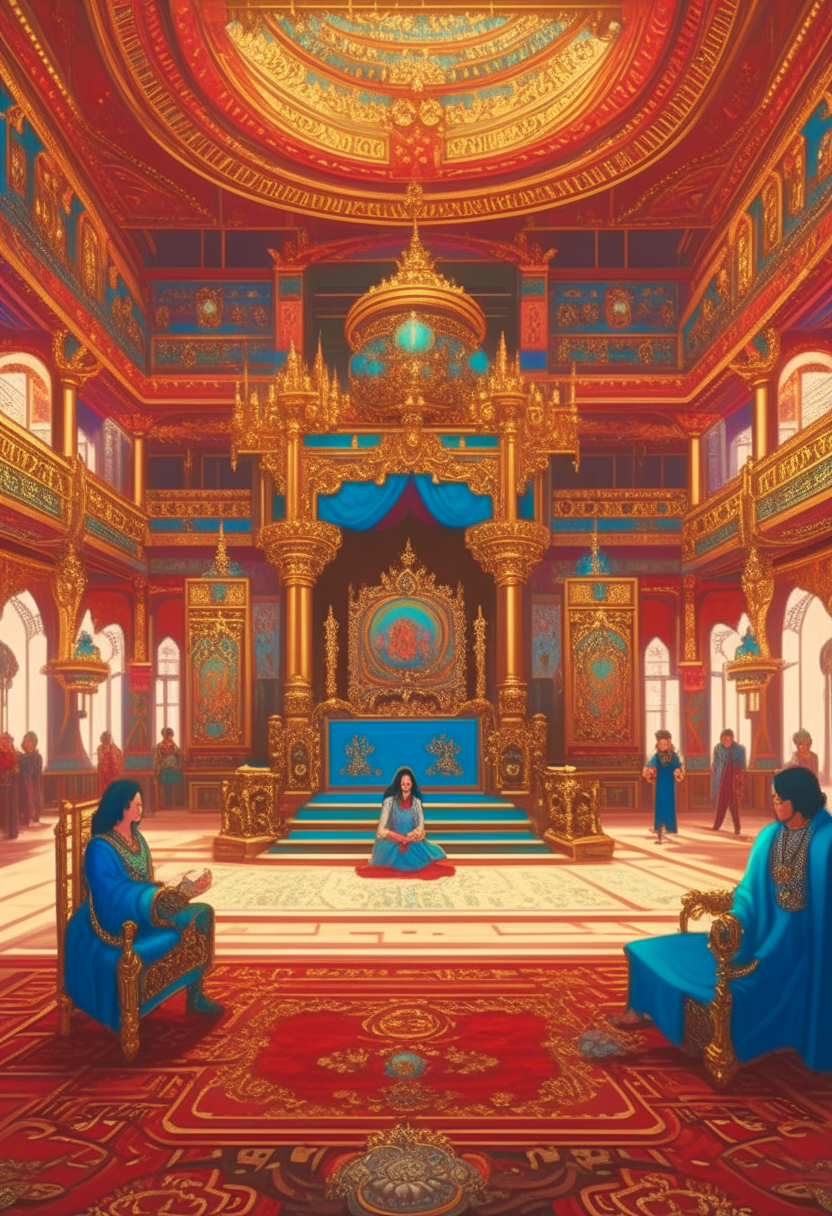 The grand hall of Genghis Khan's court, adorned with rich tapestries and ornate furnishings. Genghis Khan sits upon a gilded throne, flanked by his trusted advisors. His daughters stand nearby, radiating power and authority. The air is thick with tension as Genghis Khan prepares to negotiate a marriage alliance with a foreign king.