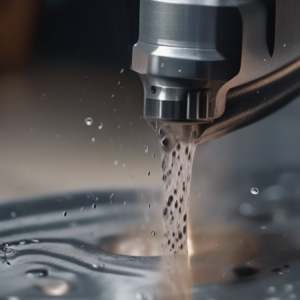 Close-up of a water cutting nozzle. A high-pressure stream of water mixed with abrasive particles cuts through metal with precision.