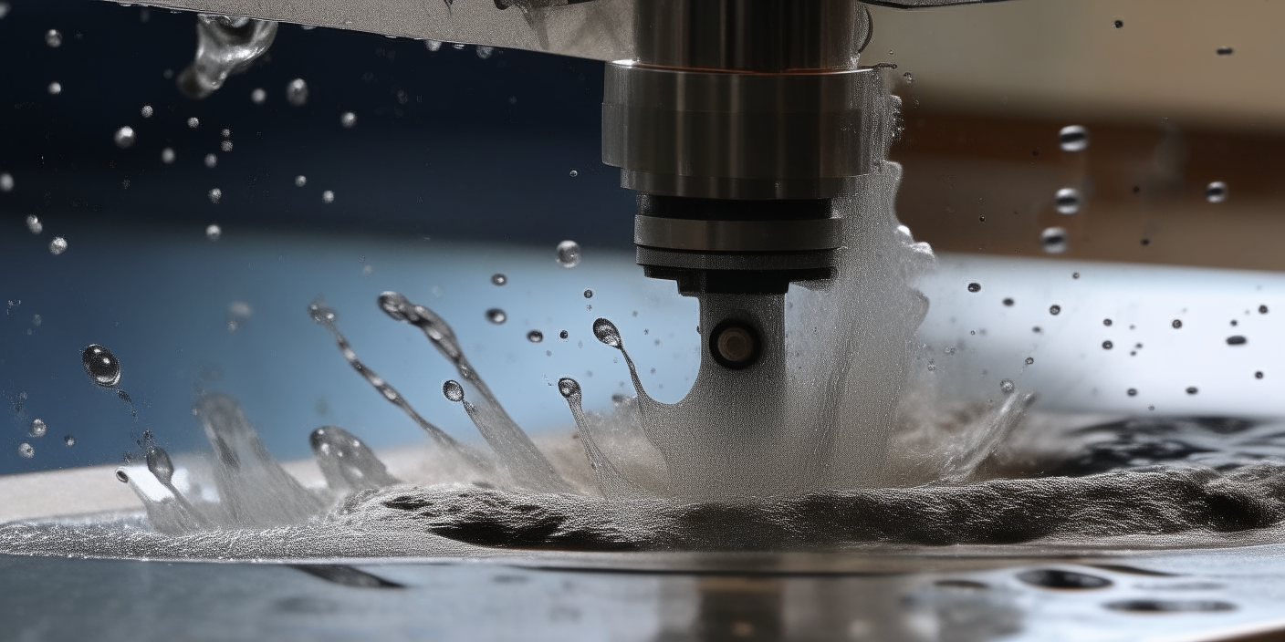 A close-up view of water cutting in action. Pressurized water and abrasive particles slice through steel with precision.