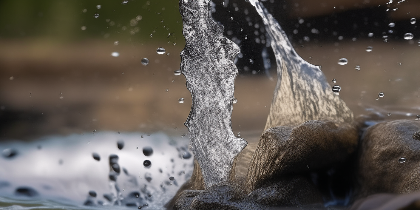 The water cutting stream in sharp focus. Droplets of water spray away from the point of contact with abrasive particles embedded.