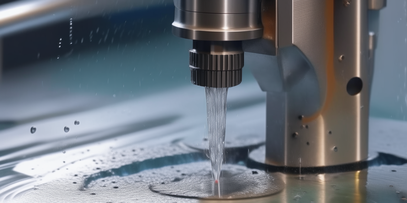 A water cutting nozzle in action, slicing through a metal sheet with precision. Close-up view of the high-pressure stream in Italian.