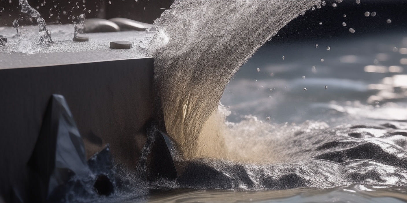 Water, abrasive particles and metal spray away from the cutting point. Sharp focus on the interaction between the stream and material in Italian.