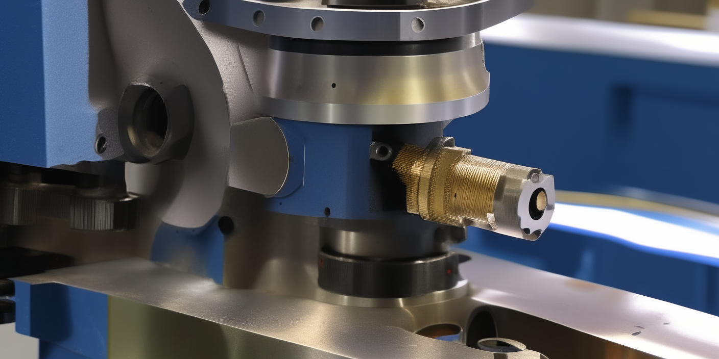 Close-up of a water cutting nozzle assembly. The cutting head and abrasive delivery components are attached to the gantry for positioning.