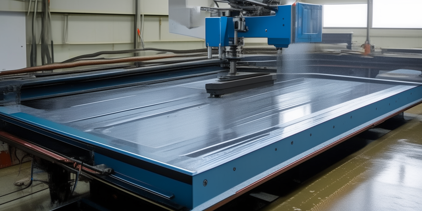 An industrial water cutting machine. The gantry and cutting head are positioned over a sheet of steel ready for precise cutting.