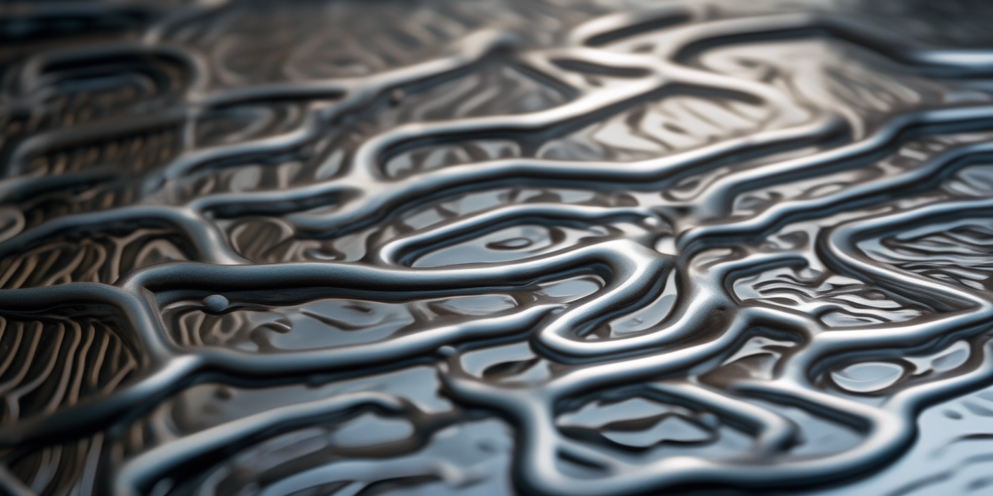 The water stream cuts a complex pattern of interlocking shapes from sheet metal. Captured with a high-resolution macro lens.