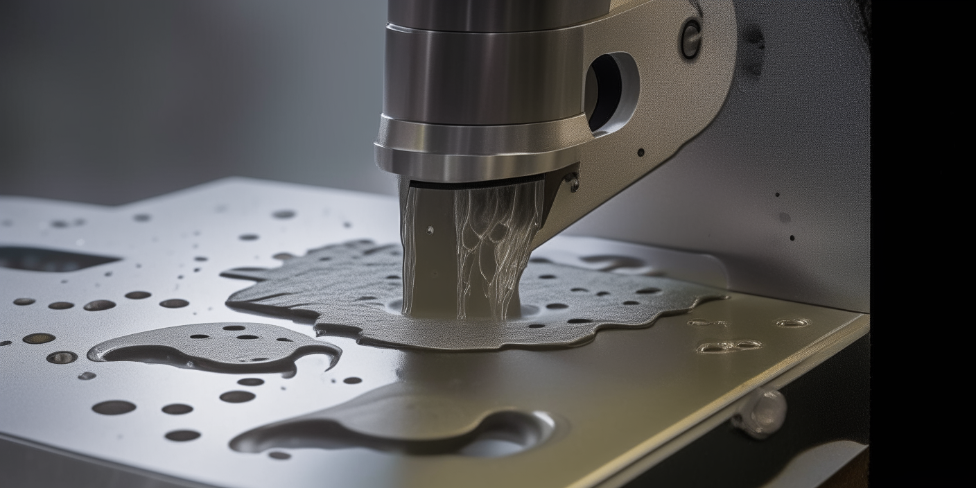 Micro-level detail of the cutting interface reveals the fine control of abrasive-laced water sculpting metal sheets.
