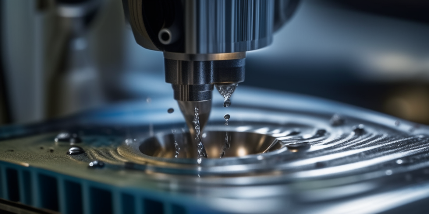 Extreme close-up of a water cutting nozzle slicing intricate geometric lines into steel with micrometer precision.