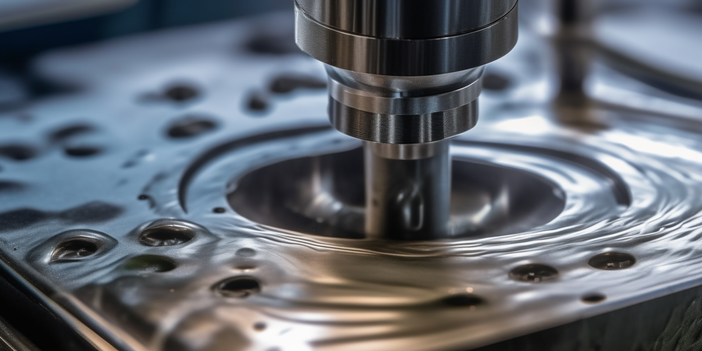 Intricate lines are sliced into stainless steel with micrometer precision. Macro photo of pressurized water sculpting metal.