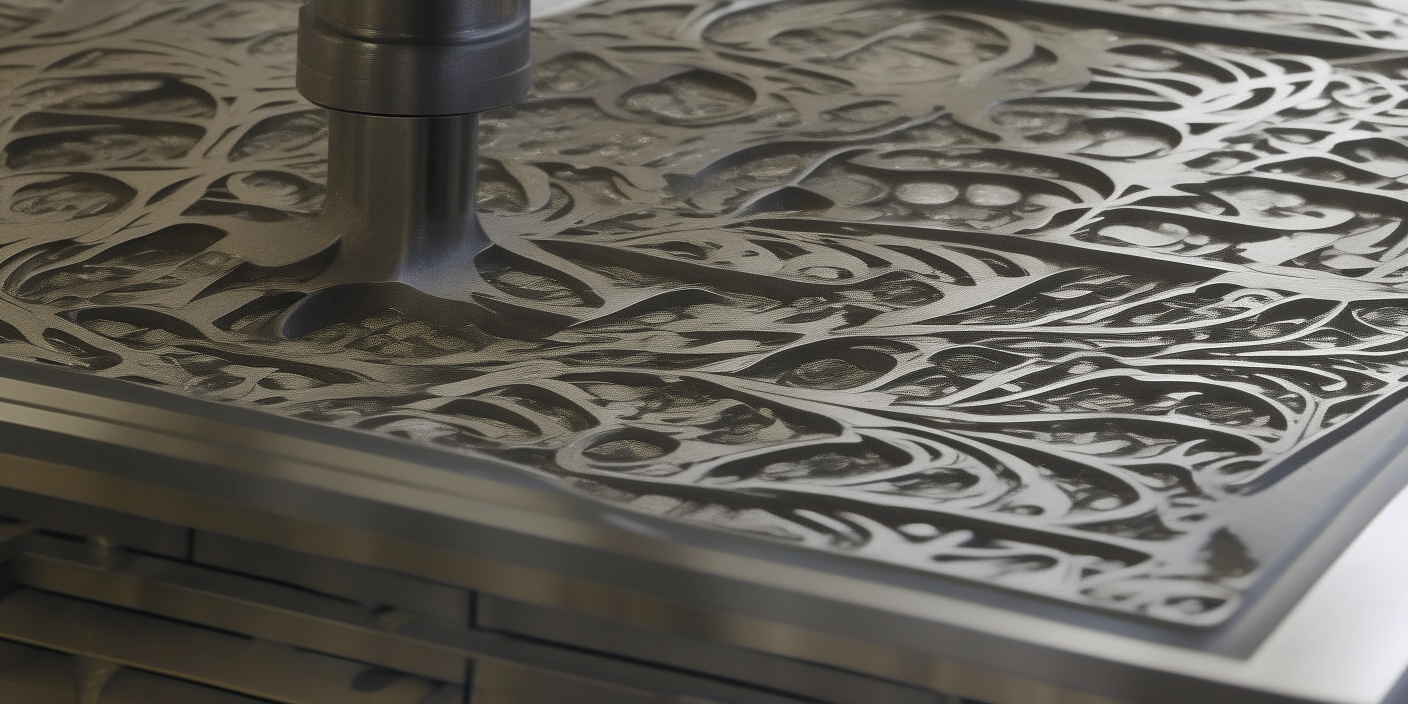 Micro-level striations reveal the fine control of abrasive-laced water jet cutting through steel to create ornate designs.
