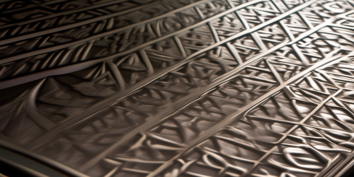 A sheet of stainless steel etched with an ornate geometric design, seen under high magnification