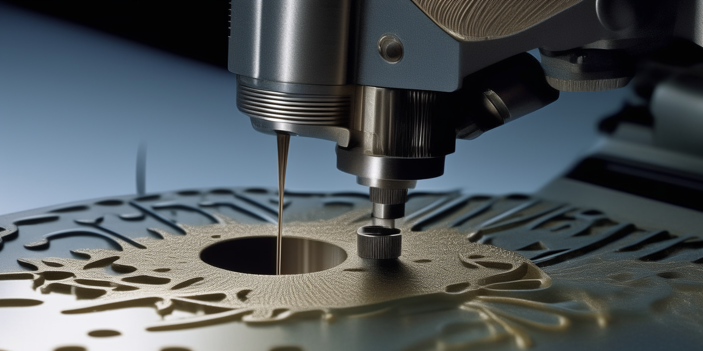 Under the microscope, micro-lines of a complex design emerge from metal, cut with precision by an industrial drill